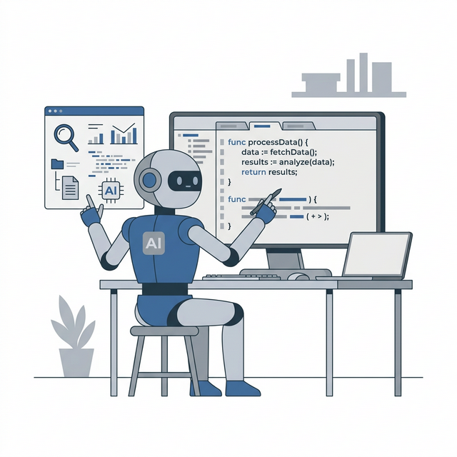 极简 2D 矢量风格的 AI 编程助手与代码片段，象征 GitHub Copilot 的智能代码补全体验