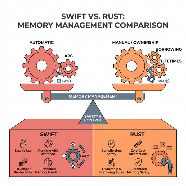 极简 2D 矢量风格的两个相互连接的齿轮位于一块天平平衡板上，展现 Swift 对象自动引用计数与 Rust 手动生命周期的平衡抉择