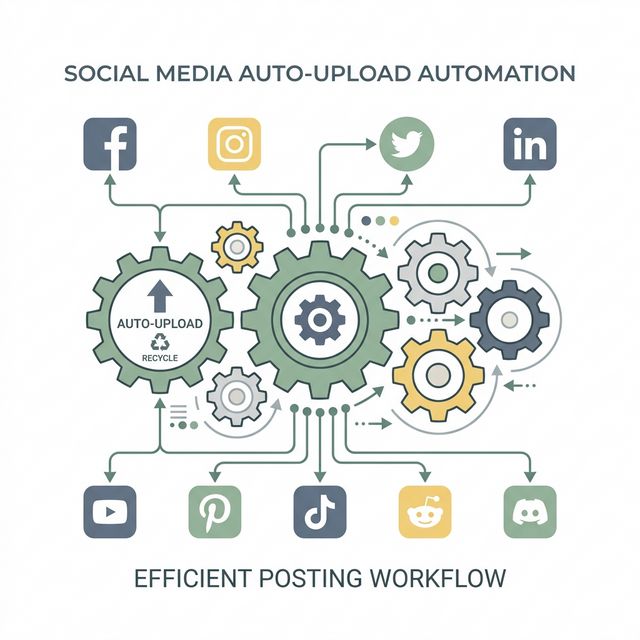 极简矢量风格的社交媒体自动化齿轮图，象征 social-auto-upload 工具的全平台分发能力