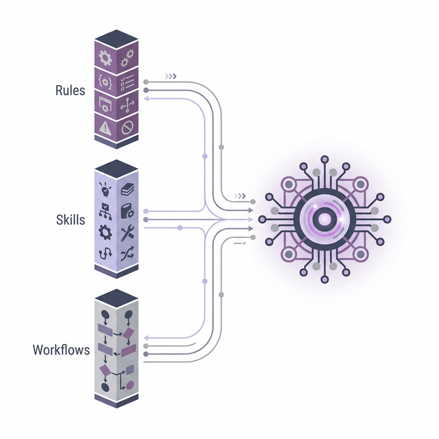 极简适量风格：展现规则、技能和工作流三个维度汇聚到人工智能核心，代表 Antigravity Agent 配置铁三角架构