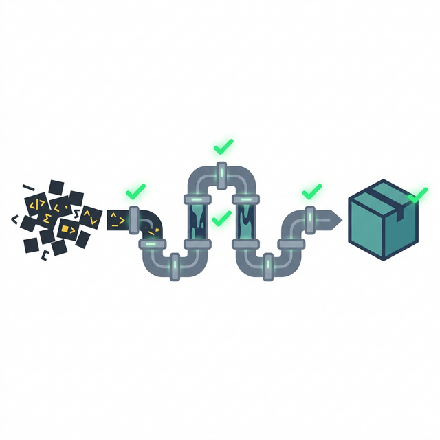 极简适量风格：杂乱的代码块经过带有发光绿色对勾的自动化流水线，最终转化为一个完整打包的方盒，指代 CI/CD 流程