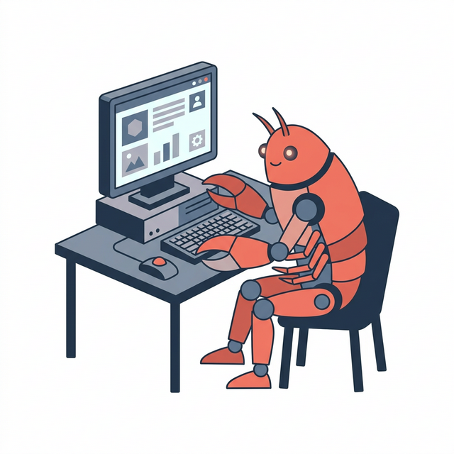 极简适量风格：一只控制着电脑终端工作台的半机械红色龙虾，概念为个人机器助手 Clawdbot