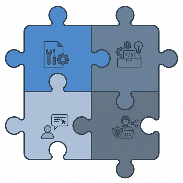 极简 2D 矢量拼图，4 个相互连接的拼图模块代表指令、技能、提示词和代理四大定制化支柱