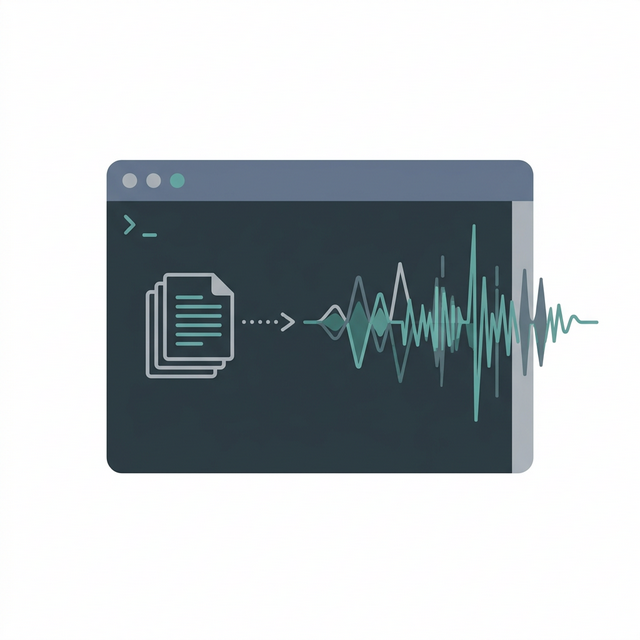 极简 2D 矢量风格的 macOS 终端窗口将文本转为声波的示意图，代表离线 TTS 文字转语音操作