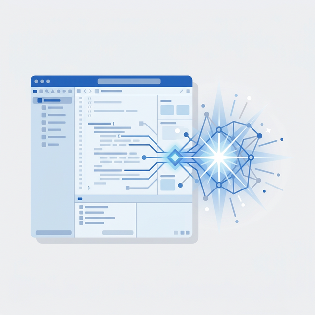 极简 2D 矢量风格的网络拓扑图，展示 Xcode 与人工智能数据链路的融合