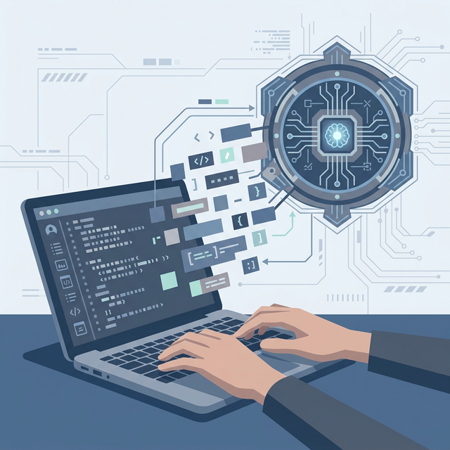 极简 2D 矢量风格的图解：双手正在键盘上敲击，旁边飘洒着进入 AI 处理核心的代码块