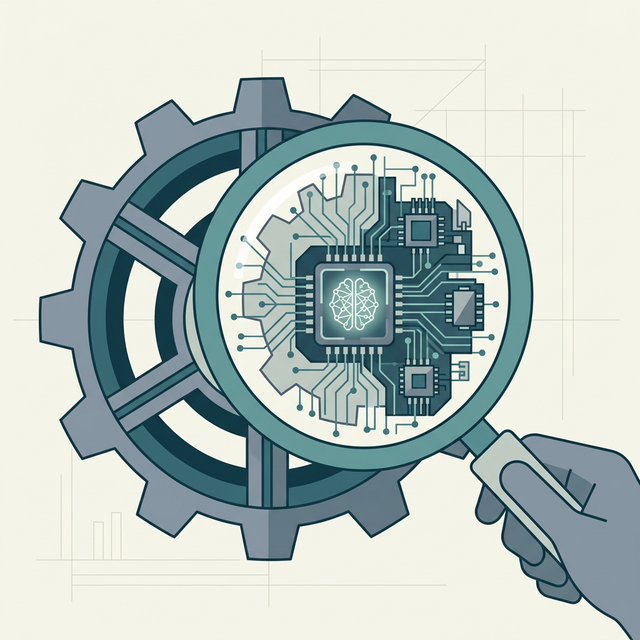 极简 2D 矢量风格的放大镜观察代码与齿轮内部的 AI 核心的图解结构，代表排查错误