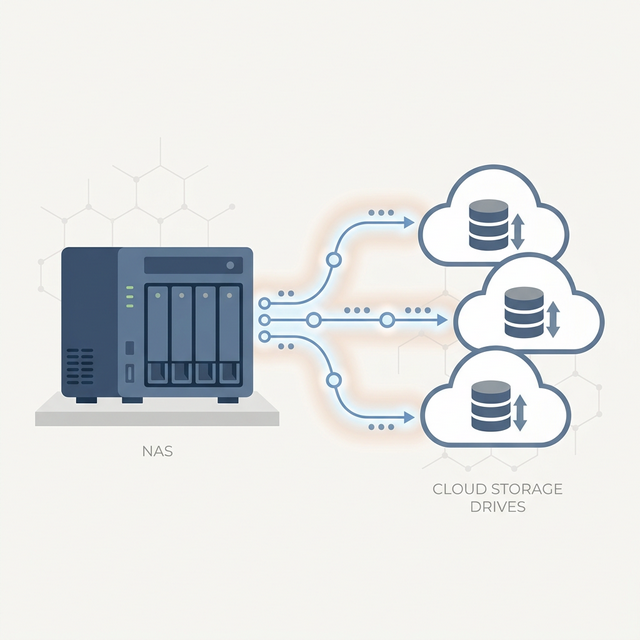 极简 2D 矢量风格的图解：群晖 NAS 服务器通过 Alist 桥接云端网络磁盘，实现数据自动化同步