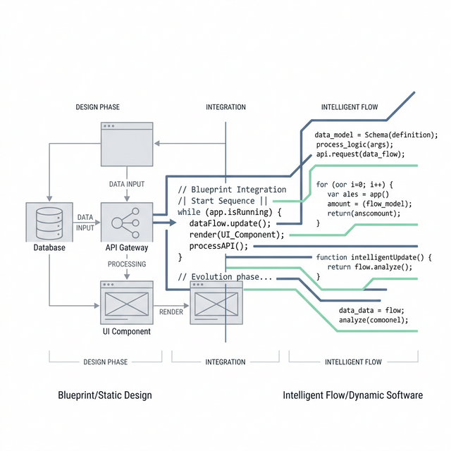 极简 2D 矢量风格的建筑蓝图与代码交汇图，展示软件工程从静态设计到智能流的演进