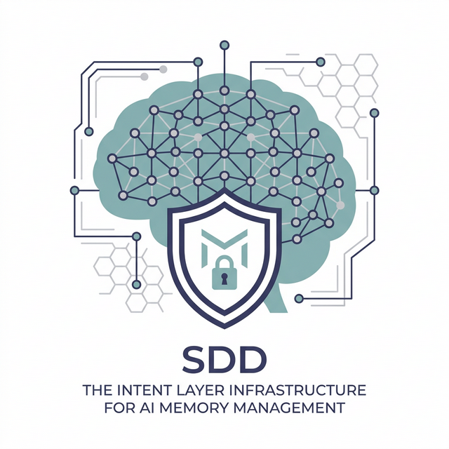 极简 2D 矢量风格的大脑与网络节点，象征 SDD 作为意图层基础设施与记忆管理