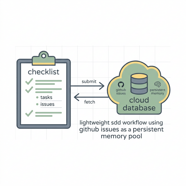 极简 2D 矢量风格的清单与云数据库，展现基于 GitHub Issues 的轻量级 SDD 工作流