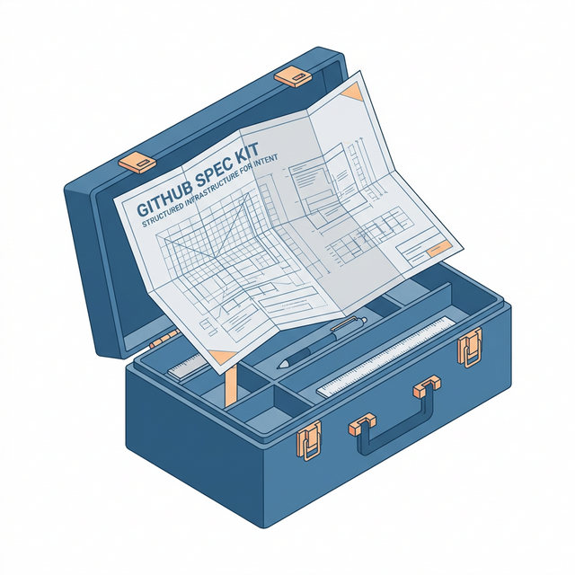 极简 2D 矢量风格的工具箱与蓝图，象征 GitHub Spec Kit 的结构化意图基础设施