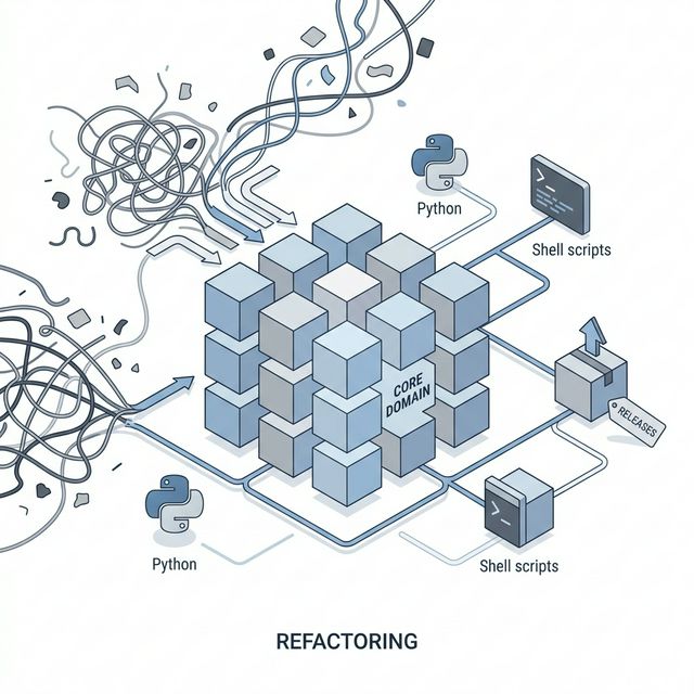 SpecKit 架构重构概念图:将混乱的离散规则收拢为统一的领域核心 (Core Domain)
