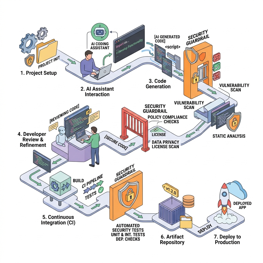 Minimalist pipeline illustration of AI coding workflow process intersected by security checkpoints representing Superpowers Bridge guardrails