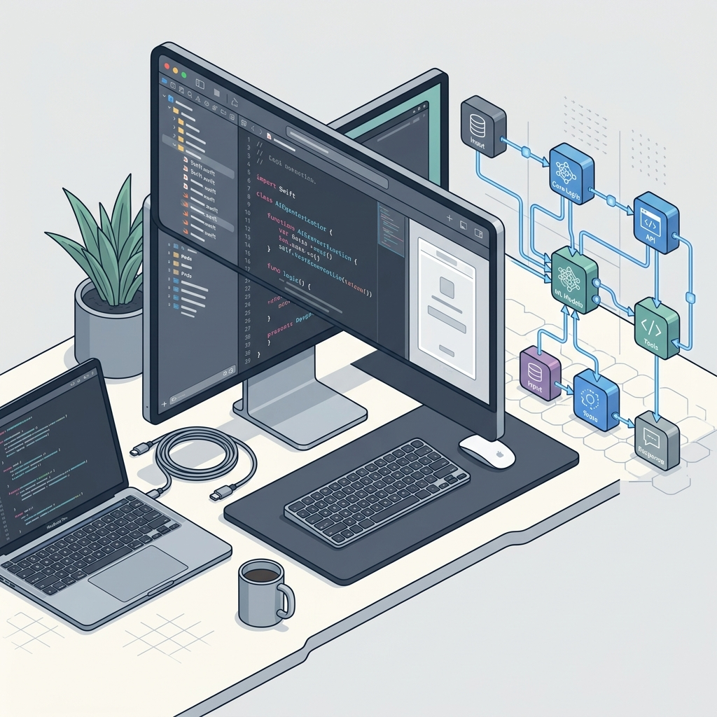 Apple 开发者工位、Xcode 界面与 AI 智能体节点管线
